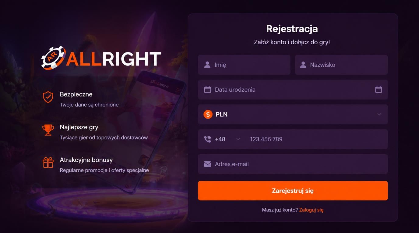 Formularz rejestracji konta online w Allright Casino z polskimi danymi.