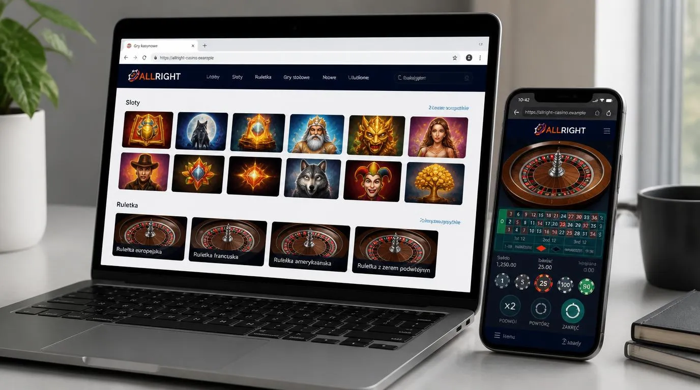 Laptop i smartfon z biblioteką automatów oraz grą w ruletkę w czytelnych interfejsach przeglądarkowych