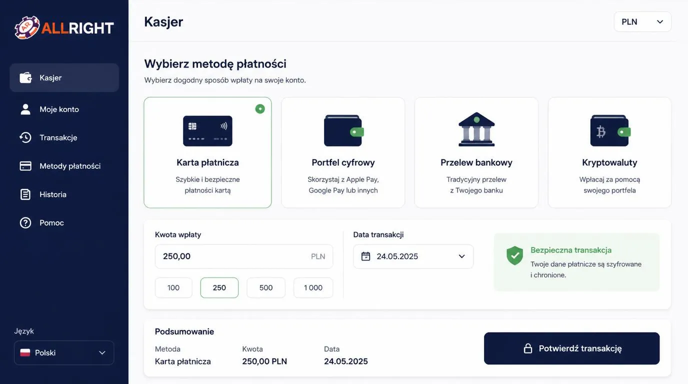 Panel kasy z kartą płatniczą, portfelem elektronicznym, przelewem bankowym i kryptowalutami